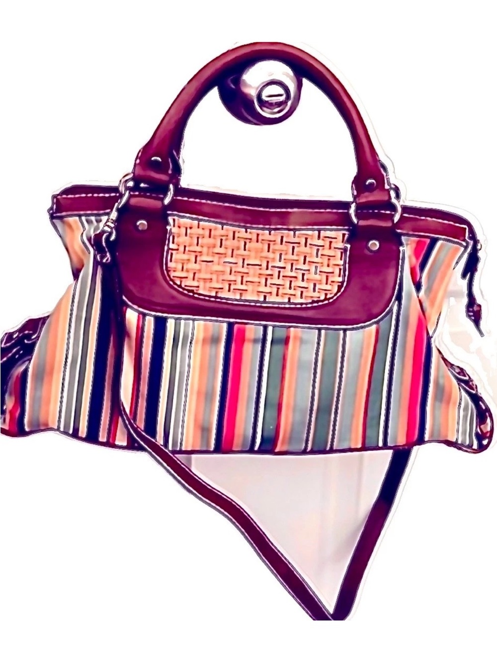 Y2K Fossil Bag Striped Canvas Leather Wicker Woven Crossbody Purse Boho Chic